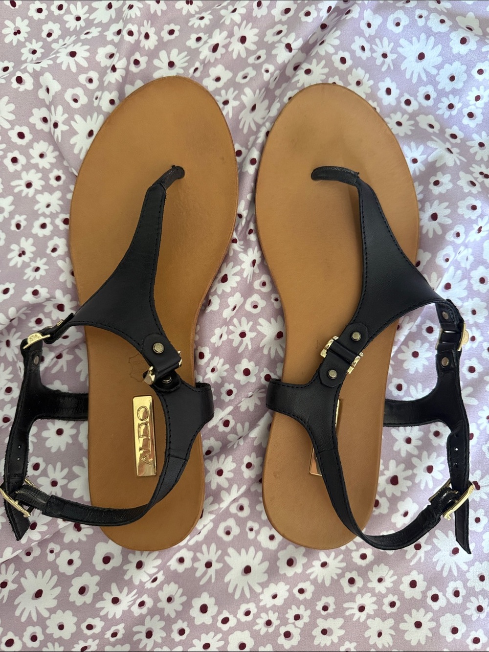 Aldo Black T-Strap Sandals with Gold Accents